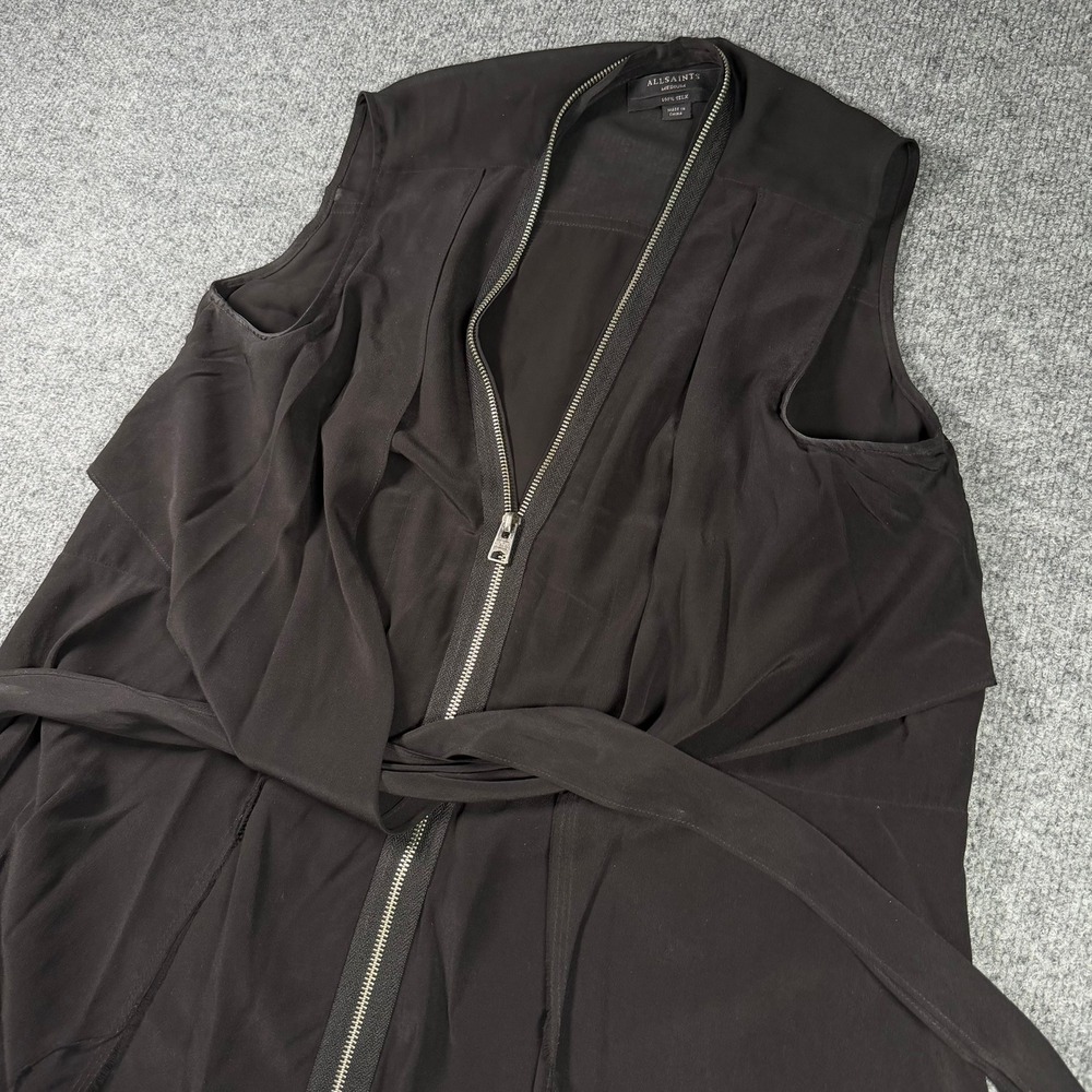 AllSaints Silk Sleeveless Zip Front Top Womens Medium Black Draped Asymmetrical - Picture 9 of 13